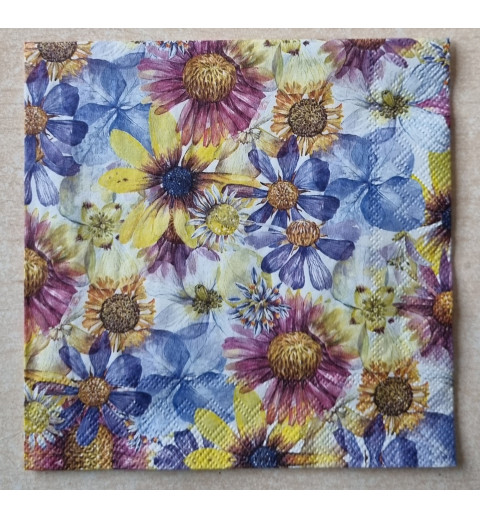 Serviette Blumen weiss/blau/gelb/mauve
