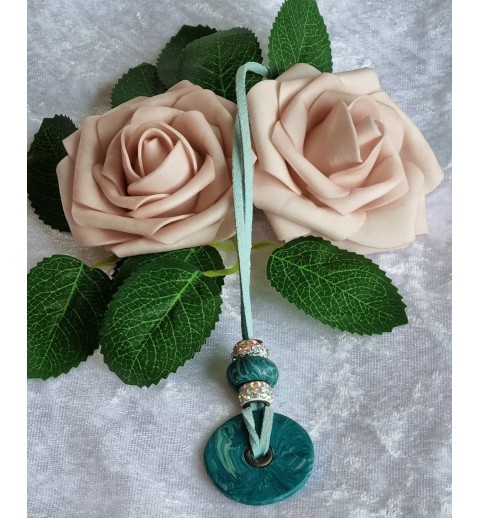 Kette lang mit Fimo  Muster türkis/weiss