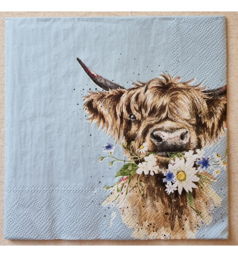 Serviette " Hochlandrind mit Blumen "