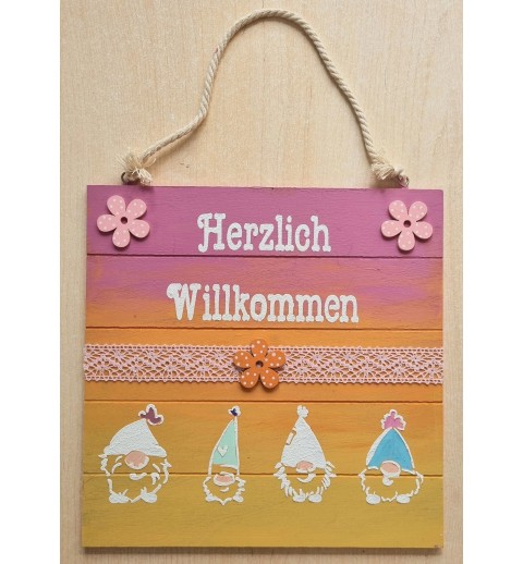 Schild Wichtel "Herzlich Willkommen"  gelb/orange/magenta