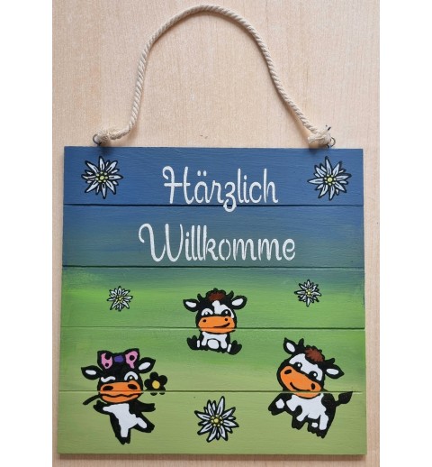 Schild Lustige Kühe "Härzlich Willkomme" grün/blau