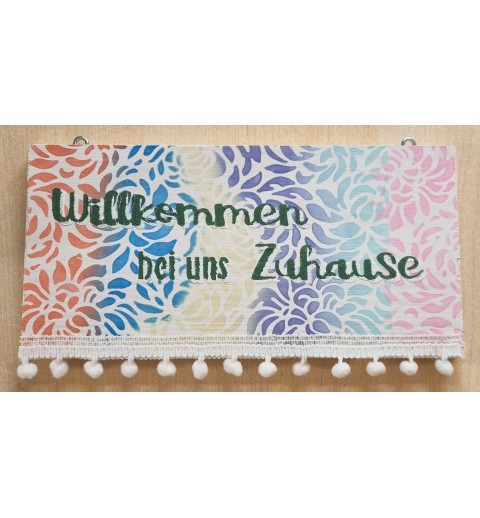 Schild " Willkommen " weiss/bunt
