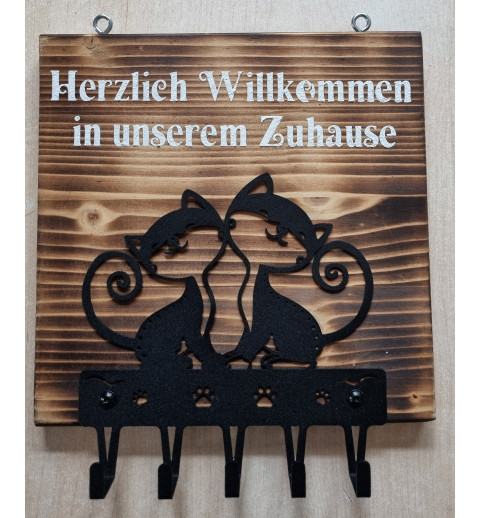 Schlüsselgarderobe Katzen/Herzlich Willkommen geflammt