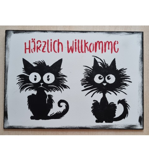 Schild Crazy Cats " Härzlich Willkomme " schwarz/weiss