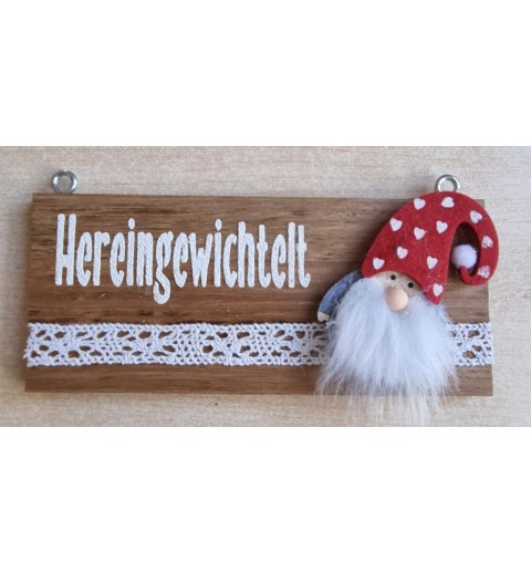Kleines Schild " Hereingewichtelt " Wichtel mit Herzen