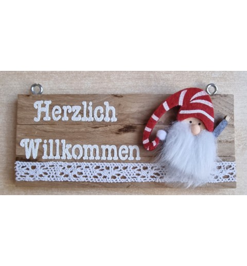 Kleines Schild " Herzlich Willkommen " Wichtel winkt