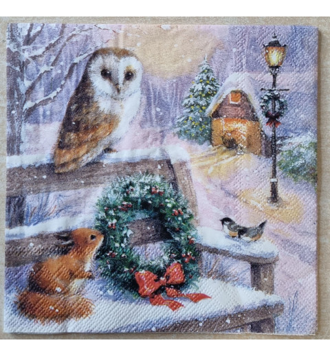 Serviette Eule auf Bank/Eichhörnchen