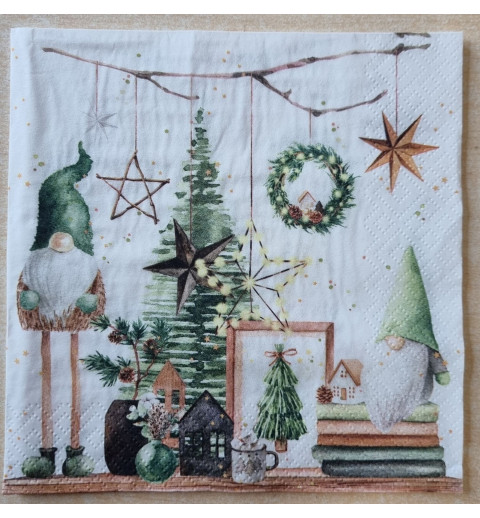 Serviette Zwei Wichtel mit Weihnachtsbaum/grün
