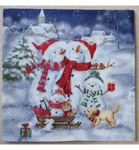 Serviette Schneemann Familie/Hund und Katze