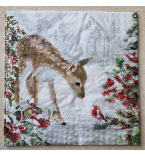 Serviette  Rehkitz mit Vogel