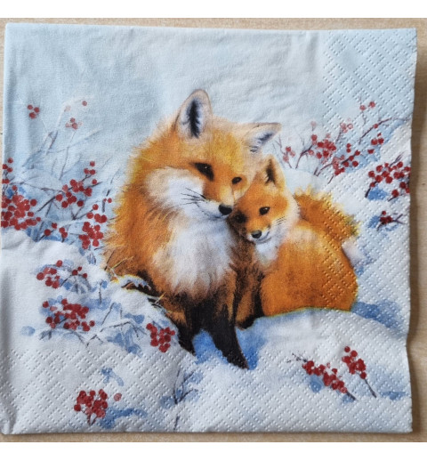 Serviette  Fuchs und Junges im Schnee