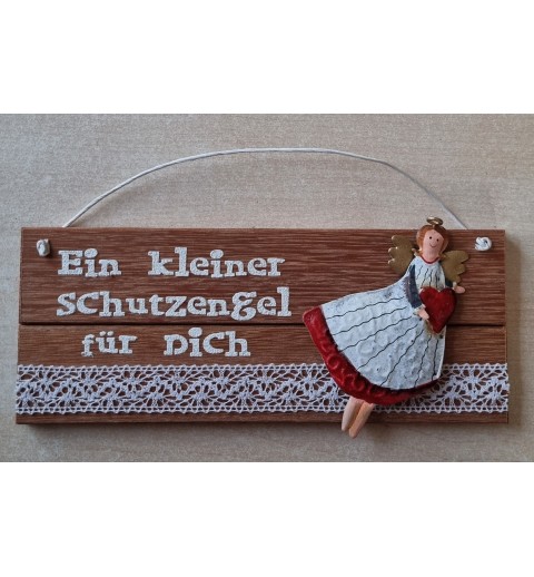 Schild rötlich  " Ein kleiner Schutzengel..."  Metall Engel rot/weiss