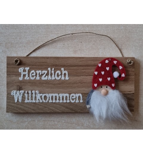 Schild natur  " Herzlich Willkommen " Wichtel Filz/ rot mit Herzen