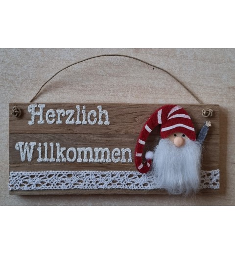 Schild natur  " Herzlich Willkommen " Wichtel Filz/ rot gestreift