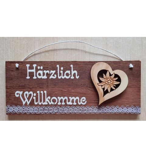 Schild rötlich " Härzlich Willkomme " Holz Herz/Edelweiss