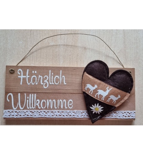 Schild natur " Härzlich Willkomme " Stoff Herz/Hirsche/Edelweiss