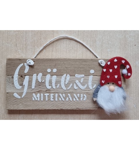Schild natur " Grüezi mitenand " Wichtel rot mit Herzen