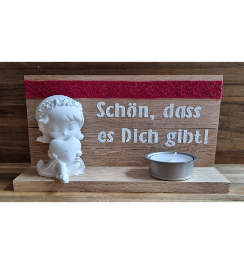 Teelicht natur  " Schön, dass es...."  Mädchen mit Herz/Band rot