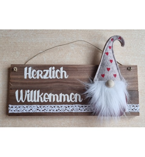 Schild hellbraun " Herzlich Willkommen " Filz Wichtel mit Herzen