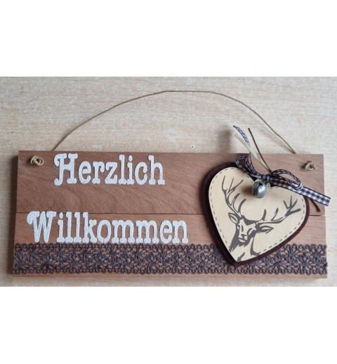 Schild natur " Herzlich Willkommen " Herz/Hirsch