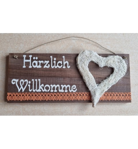 Schild hellbraun " Härzlich Willkomme " Sisal Herz creme/orange