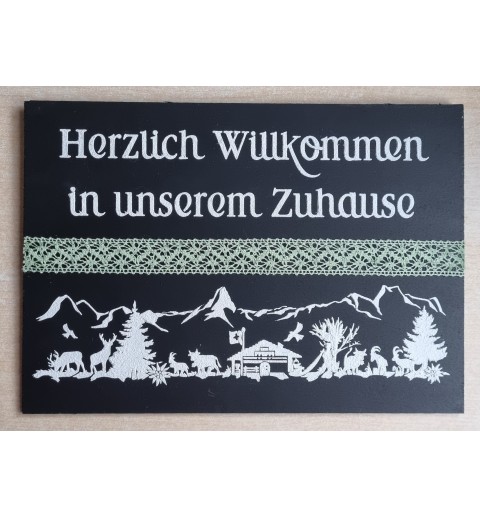 Schild schwarz " Herzlich Willkommen " Alpenfeeling/hellgrün