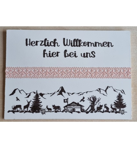 Schild weiss/braun/lachs  " Herzlich Willkommen/Alpenfeeling "