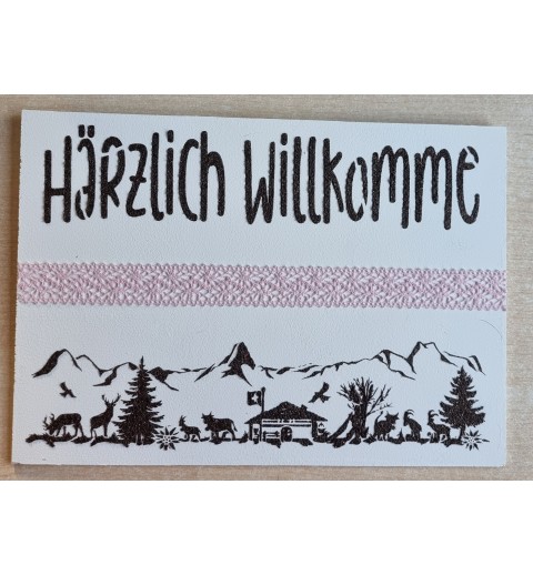 Schild weiss/braun/rosa" Härzlich Willkomme/Alpenfeeling "