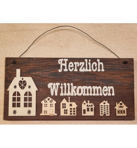 Schild dunkel " Herzlich Willkommen " Holzhäuser
