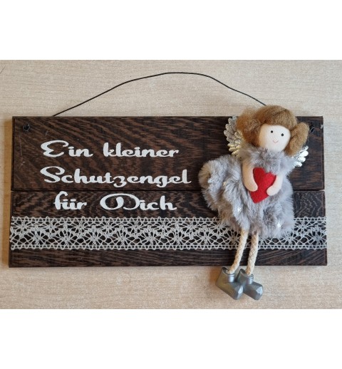 Schild dunkel " Ein kleiner Schutzengel..." Stoff Engel/grau