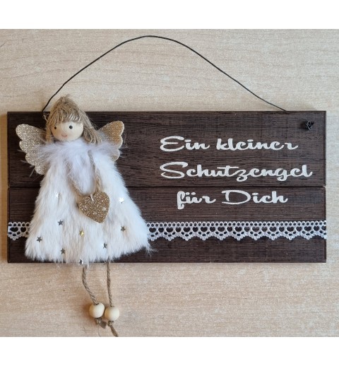 Schild dunkel " Ein kleiner Schutzengel..." Stoff Engel/weiss-silber
