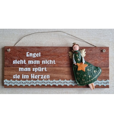 Schild rötlich " Engel sieht man..." Metall Engel/grün