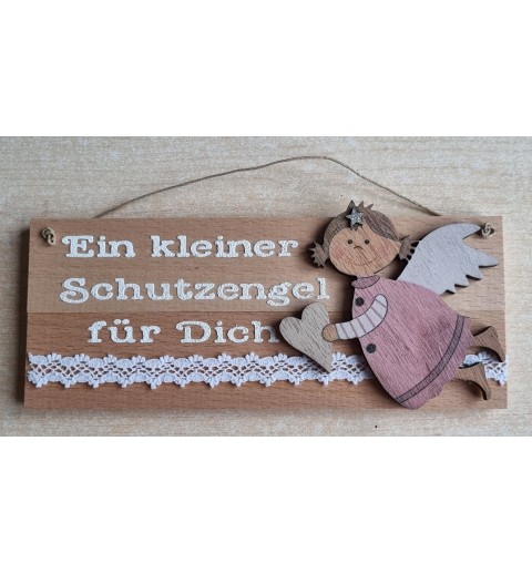 Schild natur " Ein kleiner Schutzengel..." Holz Engel rosa/weiss