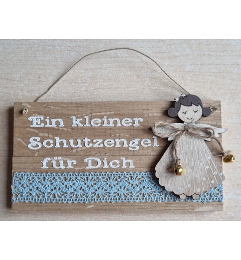 Schild natur " Ein kleiner Schutzengel..." Holz Engel /hellblau