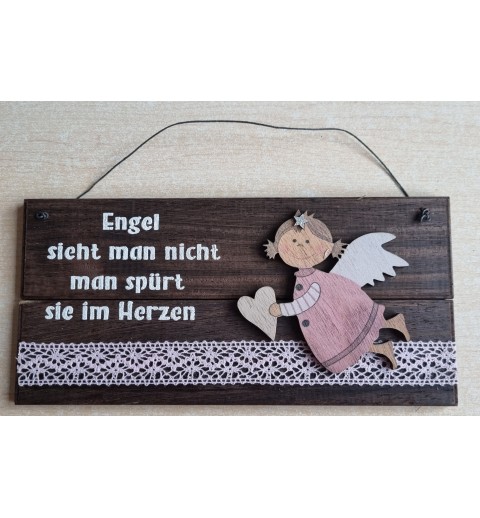 Schild dunkel " Engel sieht man..." Holz Engel rosa /rosa