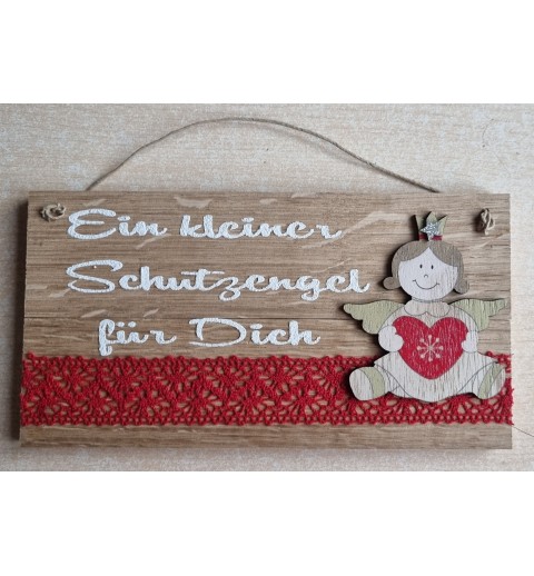 Schild natur " Ein kleiner Schutzengel..." Holz Engel mit Herz /rot
