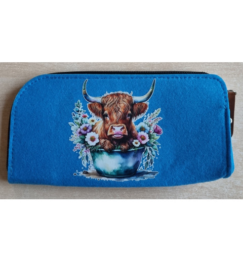 Filz Federmäppchen blau Hochlandrind in Eimer