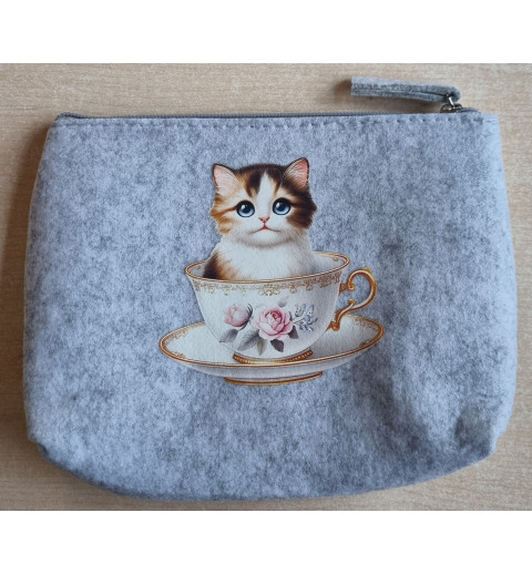 Filz Necessaire hellgrau Katze/Sonnenblumen/Tasse mit rosa Rose