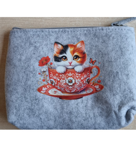 Filz Necessaire hellgrau Katze/Tassen rot und pink