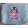 Filz Necessaire hellgrau Katze/Tassen rot und pink