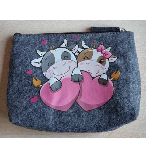 Filz Necessaire anthrazit Kühe/Herzen pink