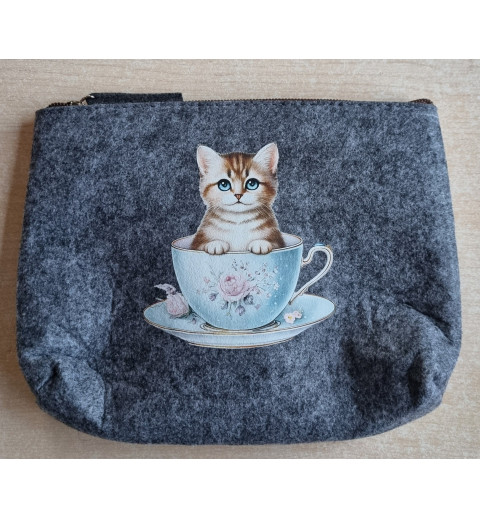 Filz Necessaire anthrazit Katze/Tassen hellblau