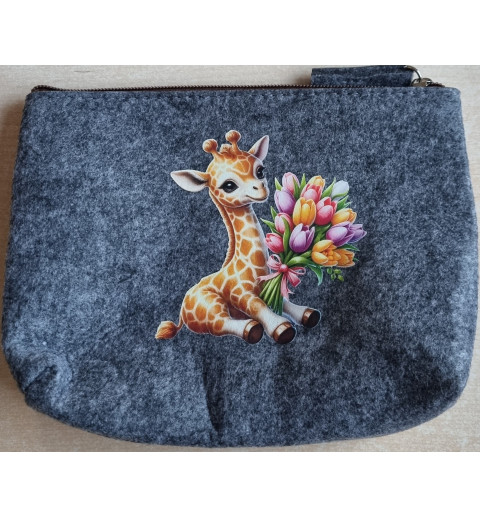 Filz Necessaire anthrazit Giraffe mit Blumen