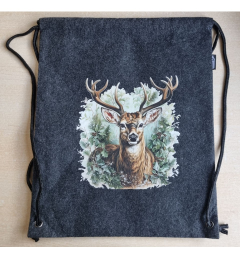 Filz Beutel mit Kordelzug anthrazit Hirsch/grün