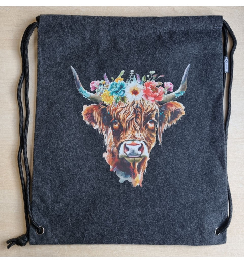 Filz Beutel mit Kordelzug anthrazit Hochlandrind mit Blumen