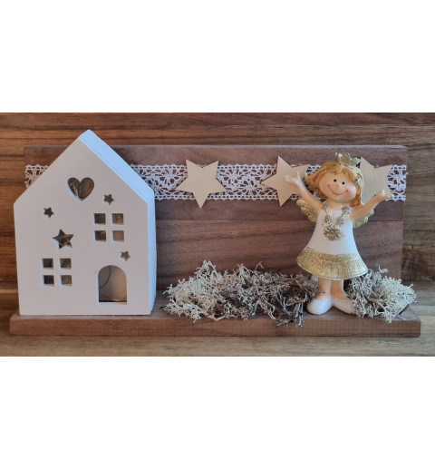 Holz Balken mit LED Haus/Engel/weiss-gold