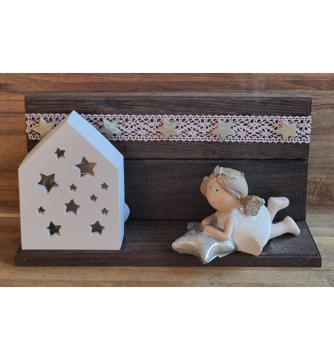 Holz Balken mit LED Haus/Engel liegend mit Stern