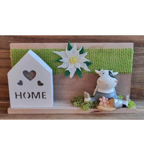 Holz Balken mit LED Haus/Kuh und Edelweiss