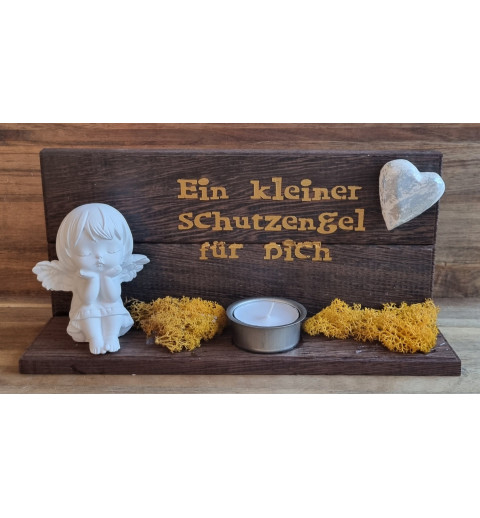 Holz Balken Teelicht "Ein kleiner Schutzengel" / goldig