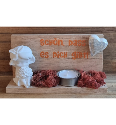 Holz Balken Teelicht "Schön,dass es..."  Mädchen mit Blumen orange